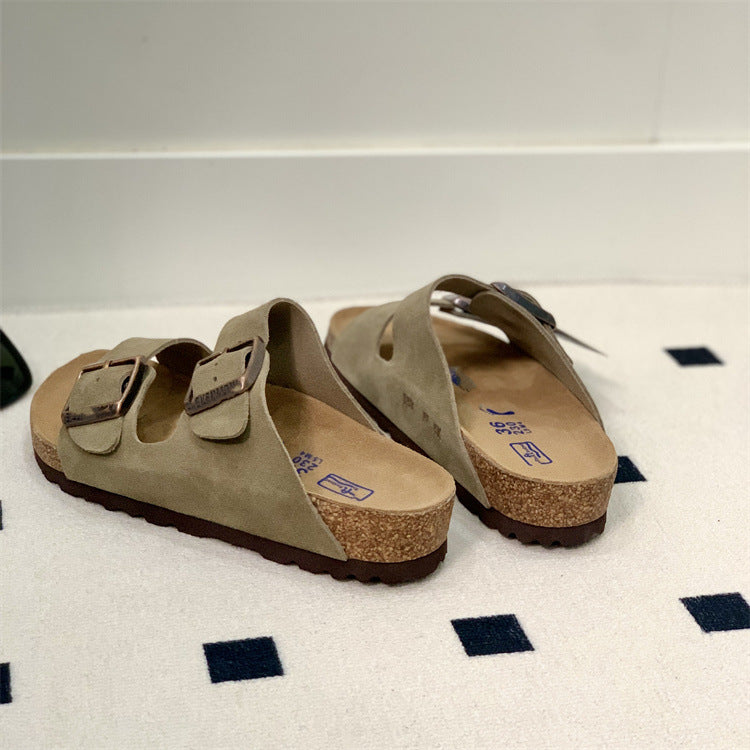 Women's & Men's Summer Cowhide Cork Two-word Platform Outerwear Slippers