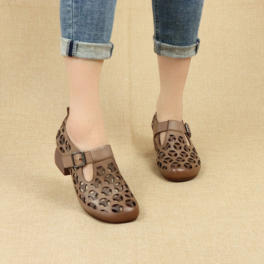 Women's Genuine Ethnic Wind Chunky Low-cut Hollow Heels