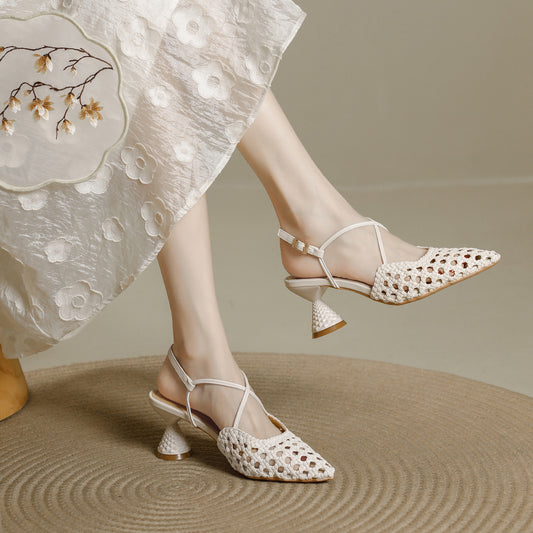 Women's French Woven Closed Toe Summer Pointed Heels