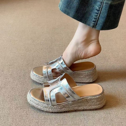 Women's Straw Woven Platform Wedge High Outer Sandals