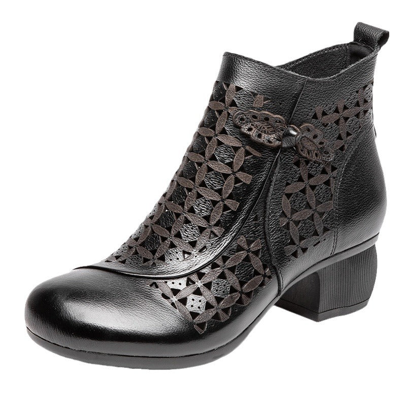 Women's Retro Thick High Round Toe Hollow Hole Heels