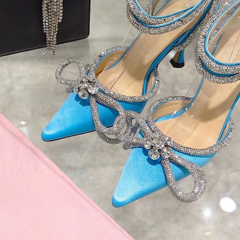 Women's Supply Bow Rhinestone Pointed Toe Satin Heels