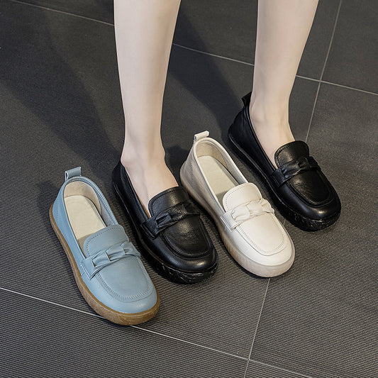Women's Layer Cowhide Easy Wear Flat Nurse Loafers
