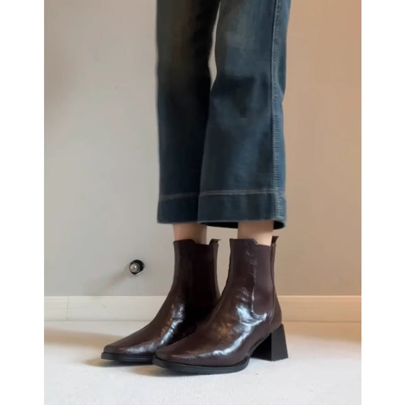 Women's Sheepskin Version Chunky Retro British Style Thick Thin Ankle Boots