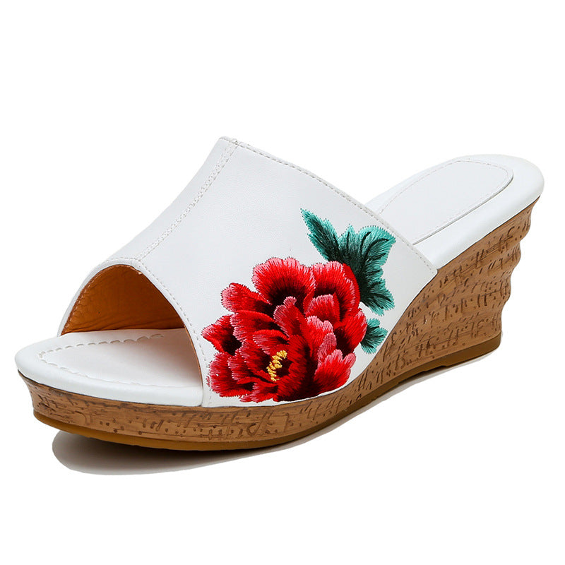 Women's Peony Embroidered Summer High Peep Toe Heels