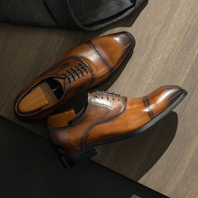 Men's Hours Elegant Square Toe First Layer Cowhide Leather Shoes