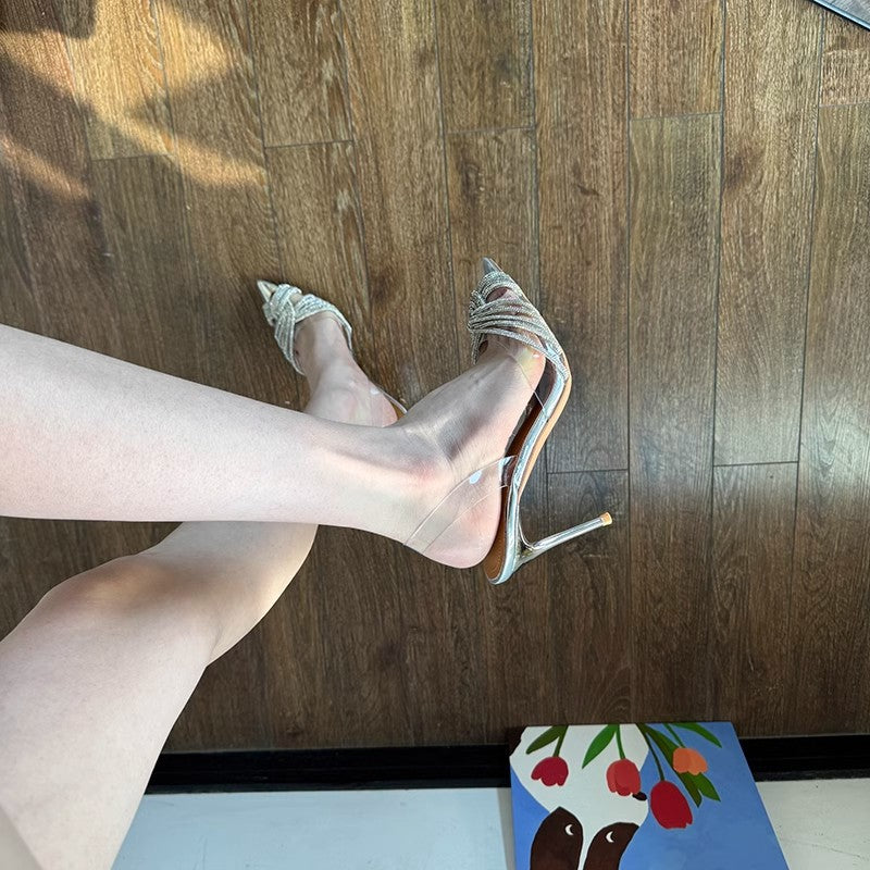 Women's Pointed Toe Transparent Rhinestone High One-word Heels