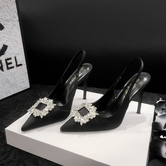 Women's Back Empty Square Buckle Rhinestone Closed Heels