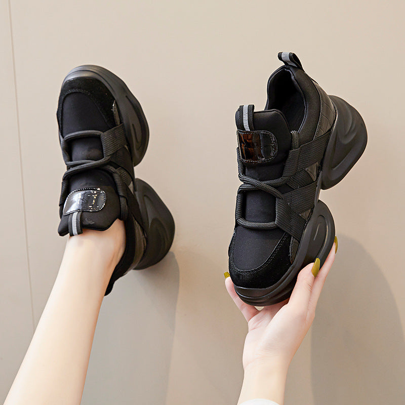 Women's Authentic Clunky Korean Black Platform Height Increasing Women's Casual Shoes